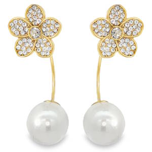 Sublimes boucles d'oreilles pendantes en acier doré, ornées d'une délicate fleur sertie d'éclatantes pierres scintillantes. La perle nacrée de forme ronde, taillée en cabochon, apporte une touche de sophistication intemporelle. Un accessoire féminin et raffiné, idéal pour sublimer votre style en toute occasion.