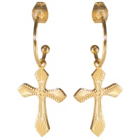 Boucles d'oreilles créoles ouvertes avec croix pendantes aux motifs en relief en acier doré.