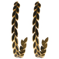 Boucles d'oreilles créoles ouvertes en forme de branche de laurier en acier doré pavées d'émail de couleur noire.