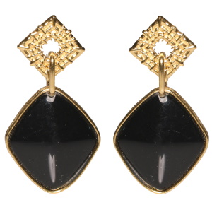 Boucles d'oreilles pendantes composées d'un losange en acier doré et d'un cristal de couleur noir serti dans un losange.