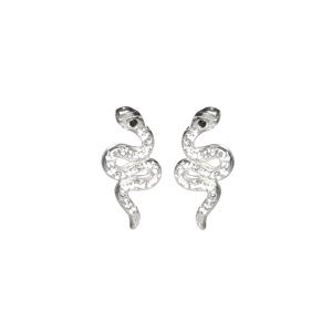 Boucles d'oreilles pendantes en forme de serpent en acier argenté pavées de strass et serti d'un cristal noir.