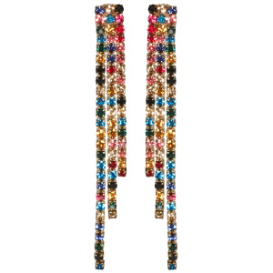 Boucles d'oreilles pendantes en acier doré serties de strass multicolore.