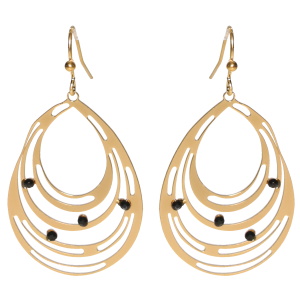 Boucles d'oreilles pendantes de forme ovale composées de plusieurs cercles en acier doré surmontées de strass noir.