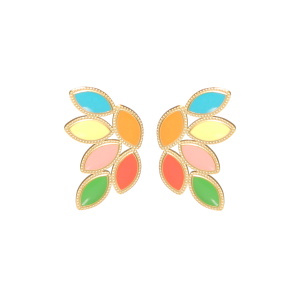Boucles d'oreilles pendantes en forme de feuilles en acier doré pavées d'émail multicolore.
