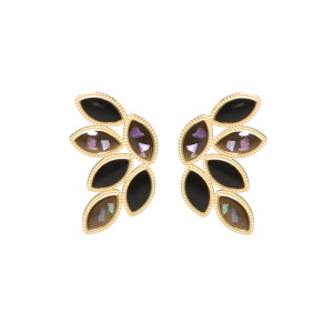 Boucles d'oreilles pendantes en forme de feuilles en acier doré pavées d'émail de couleur noir.