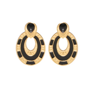 Boucles d'oreilles pendantes en acier doré pavées d'émail de couleur noir.