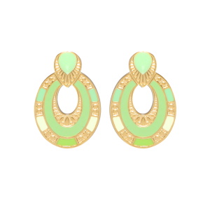 Boucles d'oreilles pendantes en acier doré pavées d'émail de couleur vert.