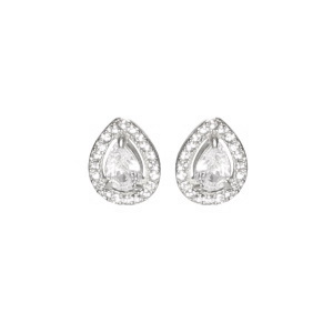 Boucles d'oreilles pendantes en forme de goutte en acier argenté serties griffes d'un oxyde de zirconium blanc entouré d'oxydes de zirconium blancs.