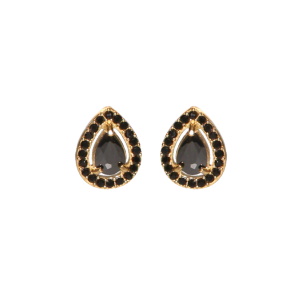 Boucles d'oreilles pendantes en forme de goutte en acier doré serties griffes d'un oxyde de zirconium noir entouré d'oxydes de zirconium noirs.