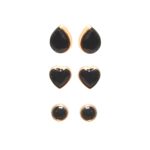 Lot de 3 paires de boucles d'oreilles puces rondes, en forme de goutte et de cœur en acier doré serties de strass noir.