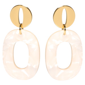 Boucles d'oreilles pendantes composées d'une pastille ovale en acier doré et d'un cercle ovale de couleur blanche.
