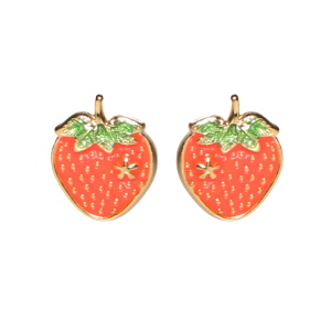 Boucles d'oreilles pendantes en forme de fraise en acier doré pavées d'émail de couleur.