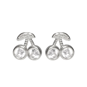 Boucles d'oreilles pendantes en forme de cerises en acier argenté serties de strass.