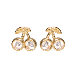 Boucles d'oreilles pendantes en forme de cerises en acier doré serties de strass.
