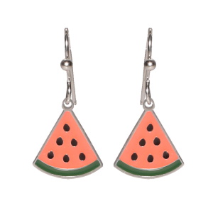 Boucles d'oreilles pendantes en forme de pastèque en acier argenté pavées d'émail de couleur.