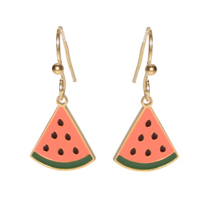 Boucles d'oreilles pendantes en forme de pastèque en acier doré pavées d'émail de couleur.