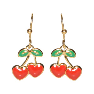 Boucles d'oreilles pendantes en forme de cerise en acier doré pavées d'émail de couleur.