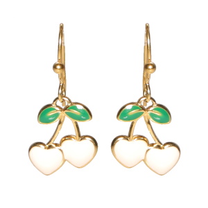 Boucles d'oreilles pendantes en forme de cerise en acier doré pavées d'émail de couleur.