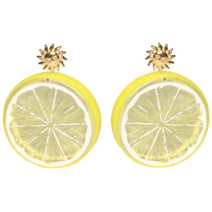 Boucles d'oreilles pendantes en forme de soleil en acier doré avec des rondelles de citron.