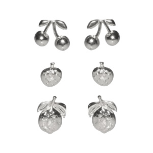 Lot de trois paires de boucles d'oreilles puces en forme de fraise, cerises et citron en acier argenté.