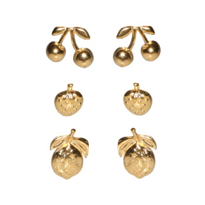 Lot de trois paires de boucles d'oreilles puces en forme de fraise, cerises et citron en acier doré.