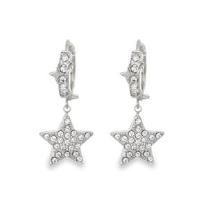 Sublimes boucles d'oreilles créoles pendantes en acier argenté, rehaussées d'un motif étoile scintillant. La monture en acier argenté met en valeur l'éclat des strass de taille brillant. Un bijou étincelant, parfait pour ajouter une touche de glamour à votre quotidien. Ces boucles d'oreilles pendantes sont un ajout sophistiqué à toute collection de bijoux.