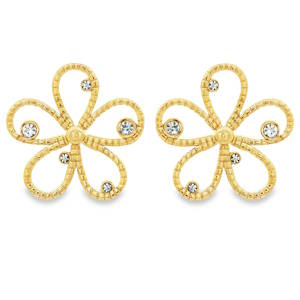 Apportez une touche de fraîcheur et de sophistication à votre allure avec ces magnifiques boucles d'oreilles en forme de fleurs. Conçues en acier inoxydable de haute qualité avec une finition dorée éclatante, elles allient durabilité et esthétique précieuse. Chaque boucle présente un motif de fleur à cinq pétales stylisés. Le travail du métal en relief, avec une texture finement ciselée, donne un aspect perlé très luxueux. Le cœur de chaque pétale est délicatement orné d'un cristal scintillant, apportant des points de lumière qui captent le regard à chaque mouvement.