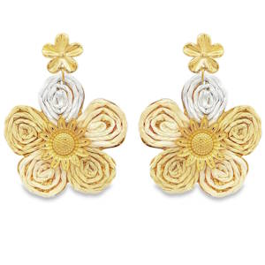 Ces superbes boucles d'oreilles pendantes en acier inoxydable célèbrent la nature avec un design floral audacieux et sophistiqué. Alliant relief et jeux de textures, elles sont l'accessoire idéal pour illuminer un visage avec une touche de romantisme moderne. L'attache est dissimulée derrière une petite fleur dorée minimaliste, assurant une continuité esthétique de l'oreille jusqu'au pendant. Chaque boucle se compose d'une large fleur centrale dont les pétales présentent un aspect ruban enroulé ou plissé, créant un volume sculptural unique. Le cœur de la fleur est orné d'un tournesol finement ciselé, ajoutant une précision artisanale à l'ensemble.