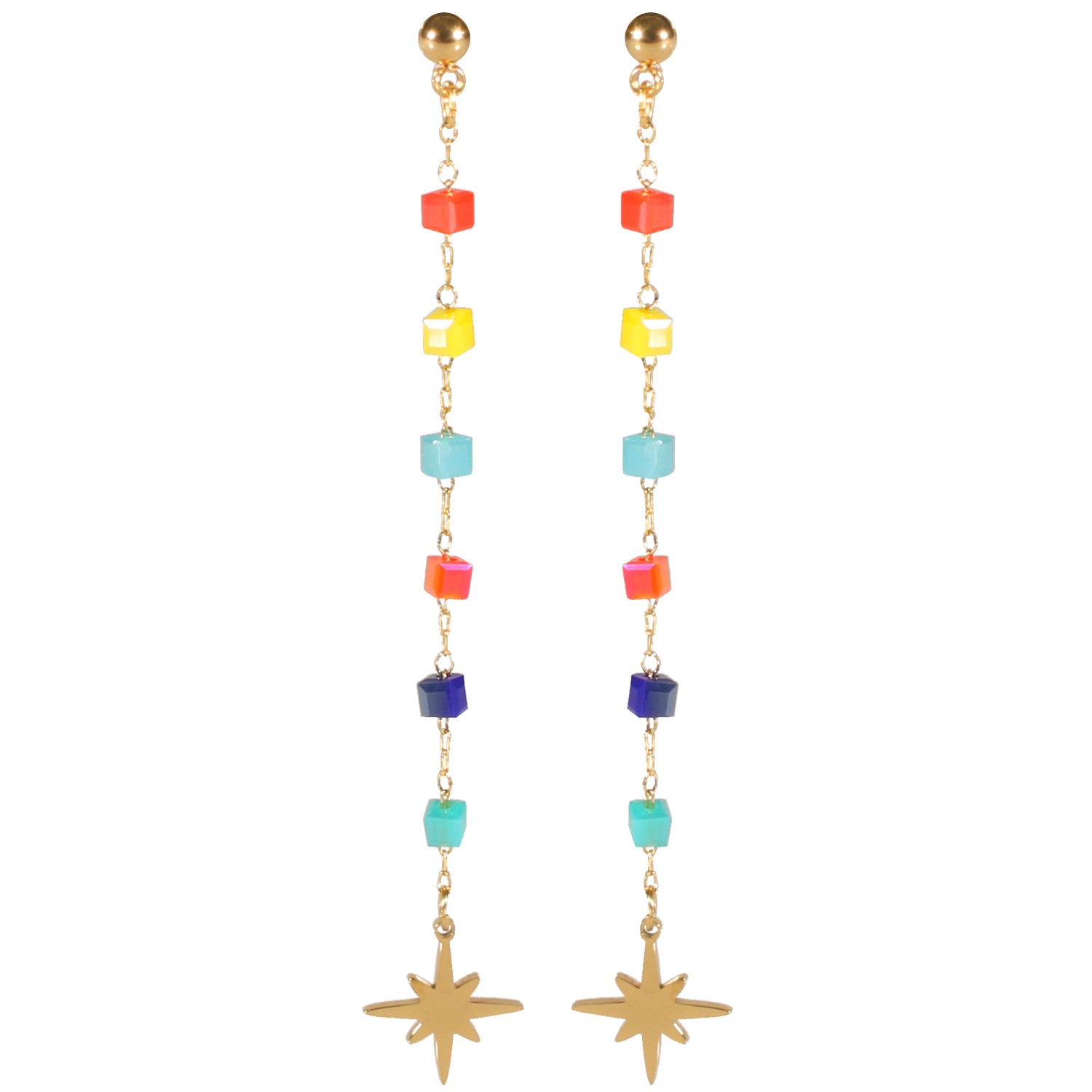 Boucles d'oreilles pendantes avec étoile en acier doré et perles carrées de couleur. Etoile Pendantes Perle  Adolescent Adulte Eté Femme Fille Indémodable Nature 