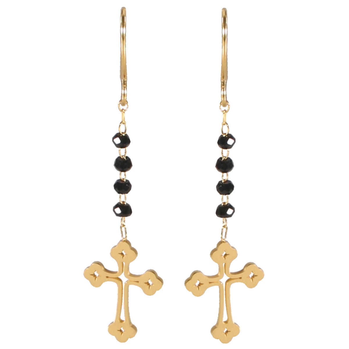 Boucles d'oreilles pendantes composées de perles de couleur noire et d'une croix en acier doré. Croix Pendantes Perle  Adolescent Adulte Femme Fille Indémodable Religion 