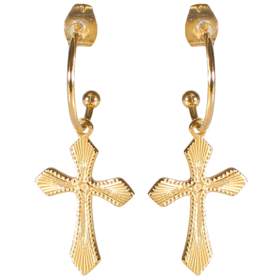 Boucles d'oreilles créoles ouvertes avec croix pendantes aux motifs en relief en acier doré. Créoles Croix  Adolescent Adulte Femme Fille Indémodable Religion 