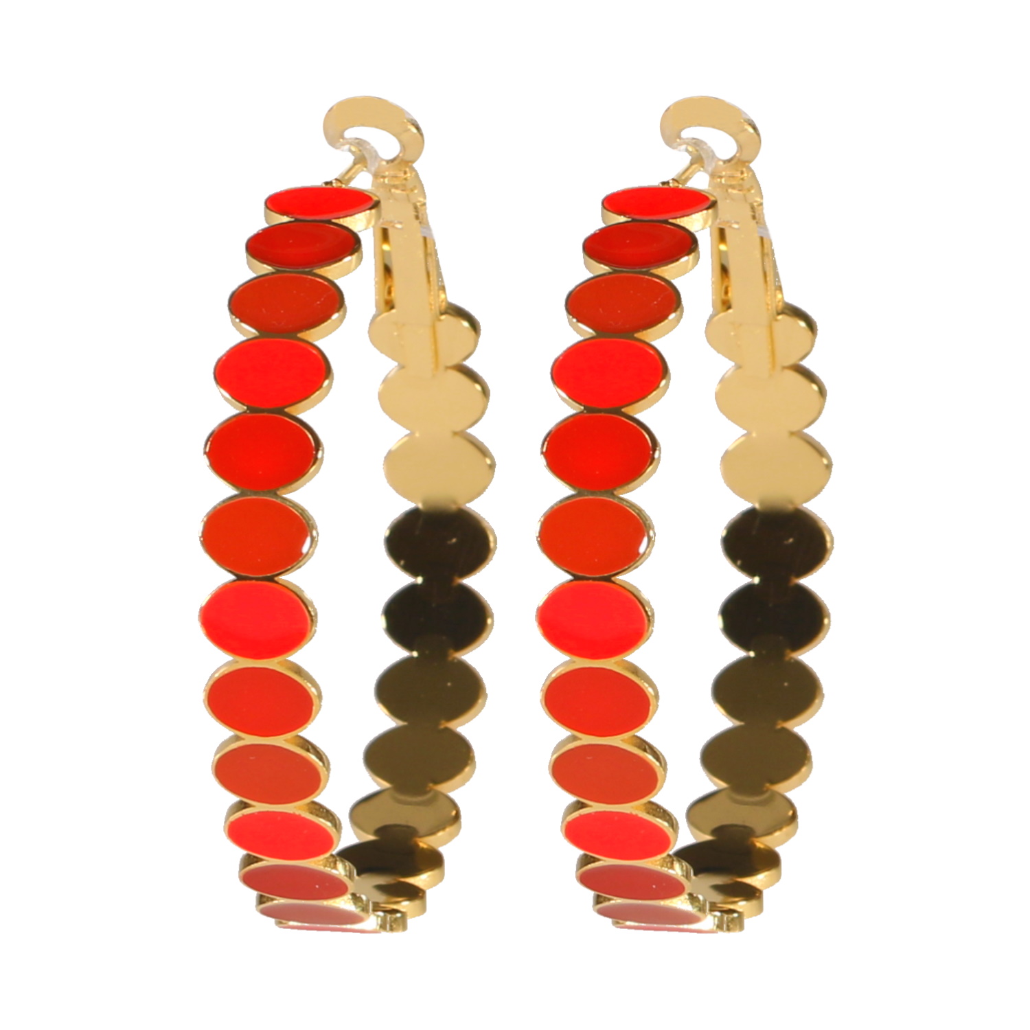 Boucles d'oreilles créoles composées de pastilles ovales en acier doré pavées en partie d'émail de couleur rouge. Créoles Ovale Pendantes  Adolescent Adulte Femme Fille Indémodable 