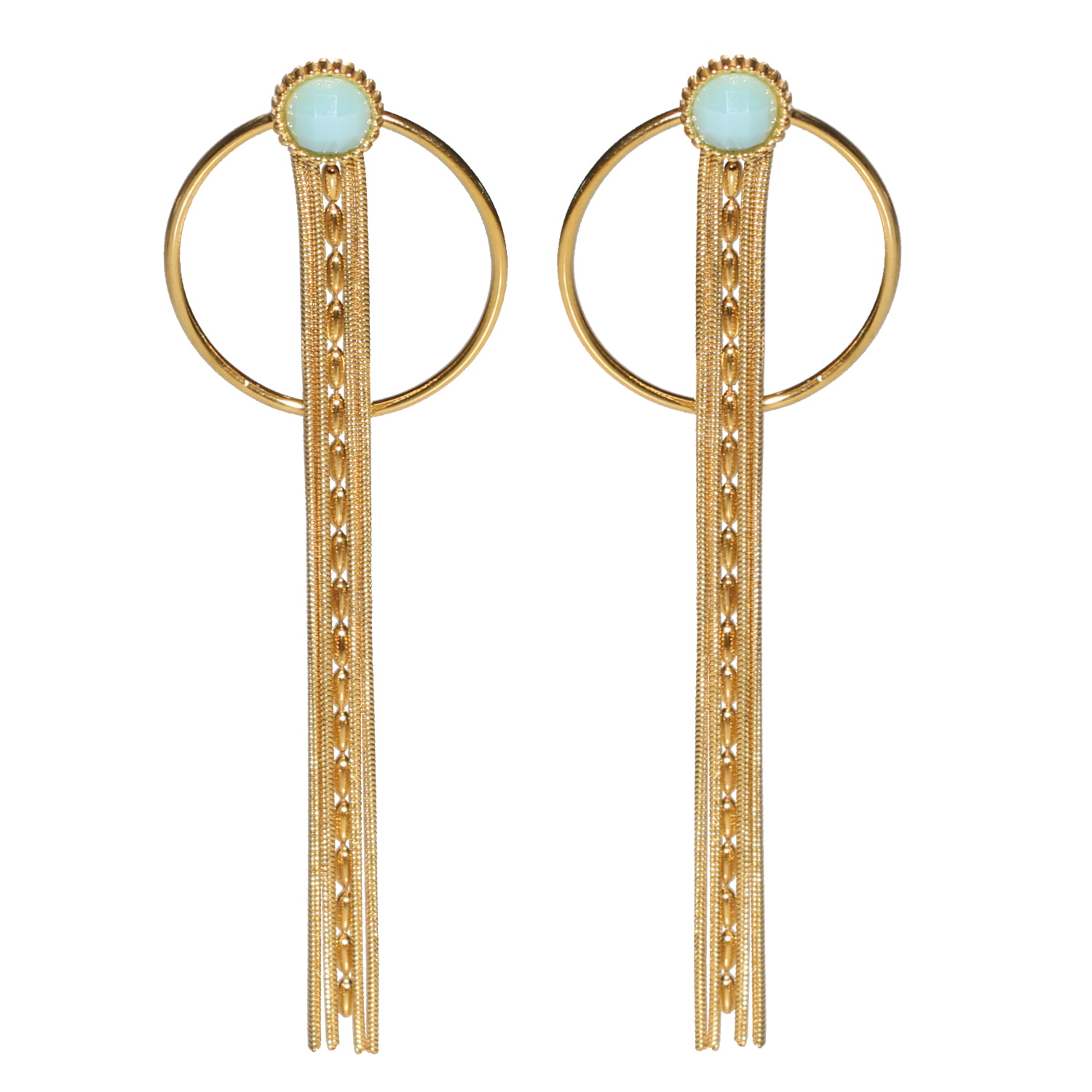 Boucles d'oreilles pendantes composées d'un cercle avec franges en acier doré et d'une puce sertie d'une pierre de couleur turquoise. Cercle Pendantes Rond  Adolescent Adulte Automne Femme Fille Hiver 