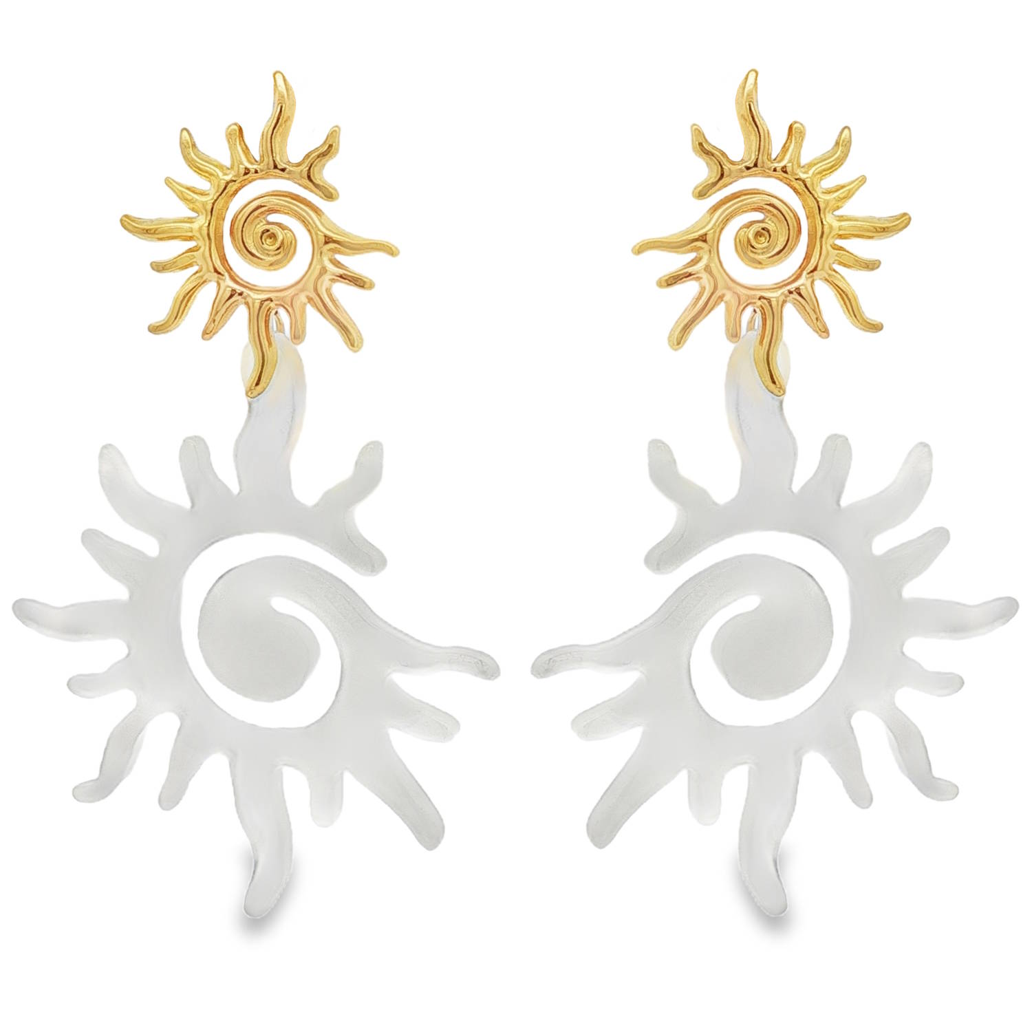 Ces boucles d'oreilles pendantes, en acier doré éclatant, arborent un design solaire unique.<br/>Une spirale centrale tourbillonnante irradie d'une élégance saisissante.<br/>L'association de formes dynamiques et de la chaleur du doré en fait un bijou captivant, parfait pour ajouter une touche de lumière à votre style. Pendantes Soleil Adolescent Adulte Automne Femme Fille Hiver Nature Ces boucles d'oreilles pendantes, en acier doré éclatant, arborent un design solaire unique.<br/>Une spirale centrale tourbillonnante irradie d'une élégance saisissante.<br/>L'association de formes dynamiques et de la chaleur du doré en fait un bijou captivant, parfait pour ajouter une touche de lumière à votre style. Pendantes Soleil Adolescent Adulte Automne Femme Fille Hiver Nature