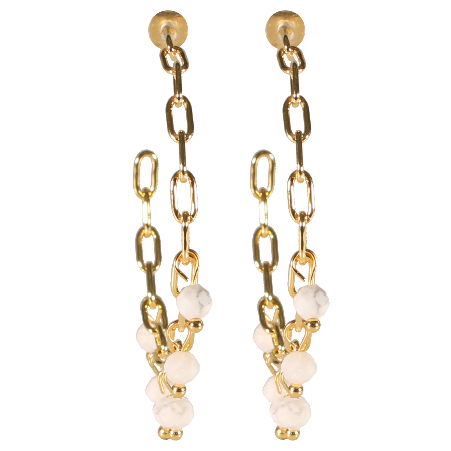 Boucles d'oreilles créoles ouvertes en forme de chaîne en acier doré avec pampilles de perles de couleur blanche. Créoles Pendantes Perle Rond  Adolescent Adulte Femme Fille Indémodable 