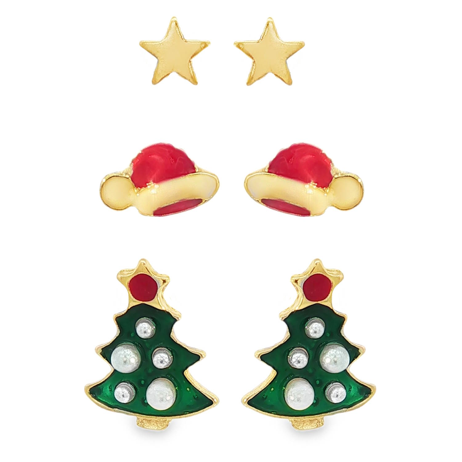 Ces charmantes boucles d'oreilles de Noël, au design festif, sont ornées de perles vertes cabochon imitant les boules d'un sapin.<br/>Montées sur une base dorée, elles évoquent la magie des fêtes avec une touche d'originalité.<br/>Lot de 3 paires de boucles d'oreilles. Etoile Adolescent Automne Enfant Femme Fille Hiver Nature Symboles Ces charmantes boucles d'oreilles de Noël, au design festif, sont ornées de perles vertes cabochon imitant les boules d'un sapin.<br/>Montées sur une base dorée, elles évoquent la magie des fêtes avec une touche d'originalité.<br/>Lot de 3 paires de boucles d'oreilles. Etoile Adolescent Automne Enfant Femme Fille Hiver Nature Symboles