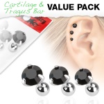 Lot comprenant 3 piercing de tragus/cartilage en acier chirurgical 316L et verre.