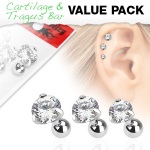 Lot comprenant 3 piercing de tragus/cartilage en acier chirurgical 316L et verre.