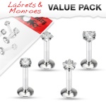 Lot comprenant 4 piercing Labrets et Monroes en acier chirurgical 316L et oxyde de zirconium.