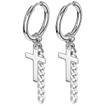 Boucles d'oreilles créoles avec croix et chaînette en acier argenté 316L.