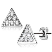 Boucles d'oreilles puces de forme triangulaire en acier chirurgical 316L argenté pavées de strass.