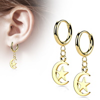Boucles d'oreilles créoles avec pendant croissant de lune et étoile en acier doré.
