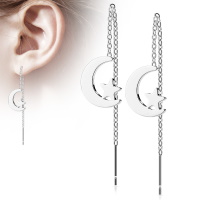Boucles d'oreilles composé d'une chaîne et d'un croissant de lune avec étoile en acier argenté.