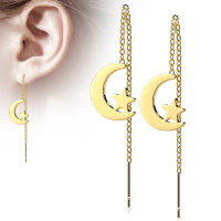 Boucles d'oreilles composé d'une chaîne et d'un croissant de lune avec étoile en acier doré.