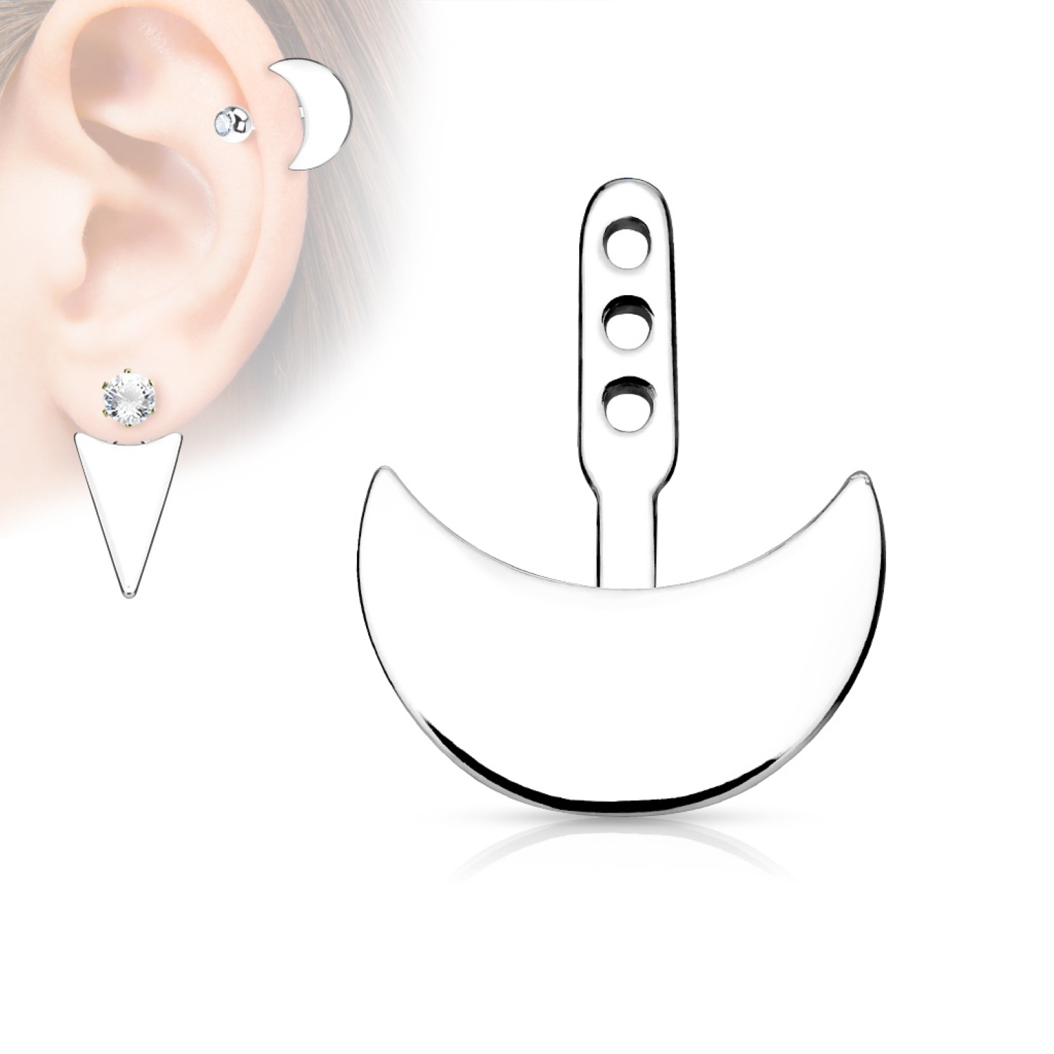 Pendentif pour boucles d'oreilles en forme de demi lune en acier argenté.<br/>3 niveaux de hauteur. Lune Pendantes  Adolescent Adulte Femme Fille Indémodable 