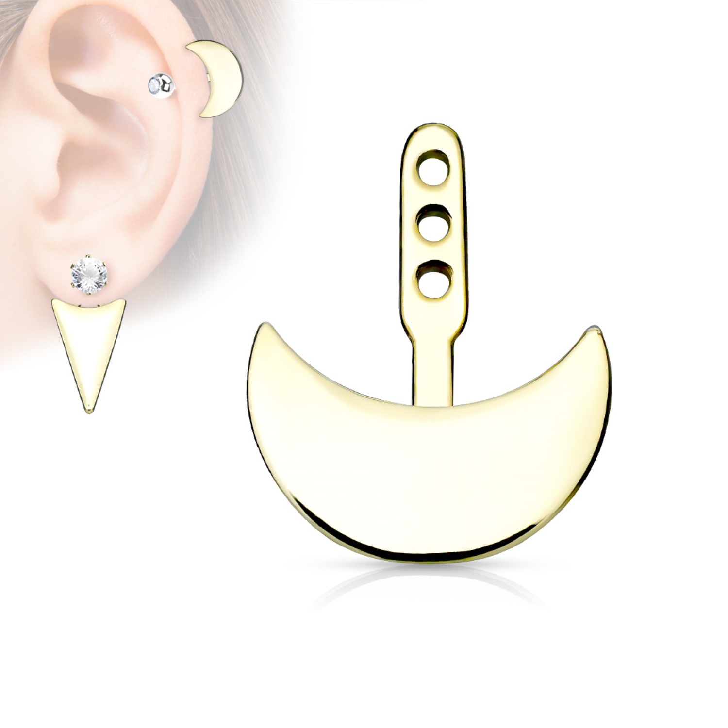 Pendentif pour boucles d'oreilles en forme de demi lune en acier doré.<br/>3 niveaux de hauteur. Lune Pendantes  Adolescent Adulte Femme Fille Indémodable 