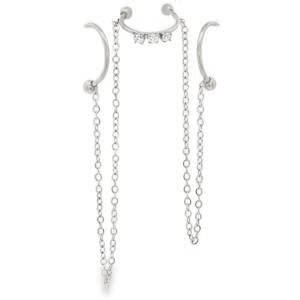 Sublimez votre look avec cette bague d'oreilles en acier argenté, un symbole d'élégance moderne. La boucle principale est délicatement ornée de strass ronds taille brillant, apportant un éclat subtil. Le design unique, avec des chaînes pendantes, ajoute une touche sophistiquée et un mouvement gracieux à votre allure. Idéales pour rehausser une tenue de soirée ou apporter une touche de luxe au quotidien. Vendu à l'unité.