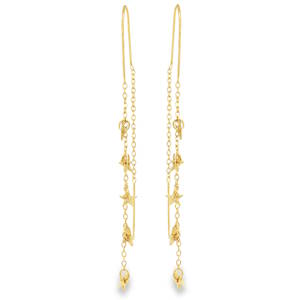 Sublimes boucles d'oreilles pendantes en acier doré, incarnant une élégance céleste. Leur conception délicate met en scène une pluie d'étoiles scintillantes, suspendues avec grâce le long d'une fine chaîne. Un accessoire raffiné qui illuminera votre visage et ajoutera une touche de magie à votre allure.