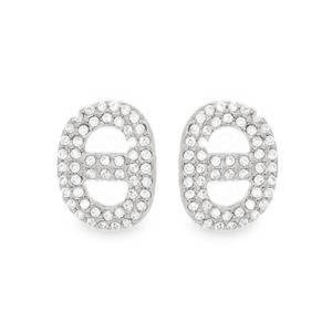 Ces élégantes boucles d'oreilles en acier argenté affichent un design raffiné et moderne. Chaque pièce arbore une monture en forme de grande café circulaire ornée d'un pavage de strass. Un bijou sophistiqué pour une finition impeccable et luxueuse.