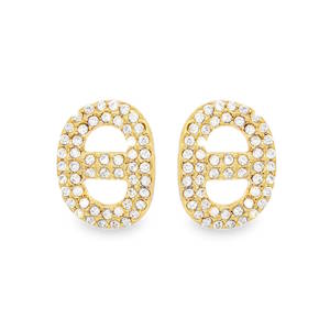 Ces élégantes boucles d'oreilles en acier doré affichent un design raffiné et moderne. Chaque pièce arbore une monture en forme de grande café circulaire ornée d'un pavage de strass. Un bijou sophistiqué pour une finition impeccable et luxueuse.